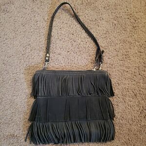 Black leather fringe purse